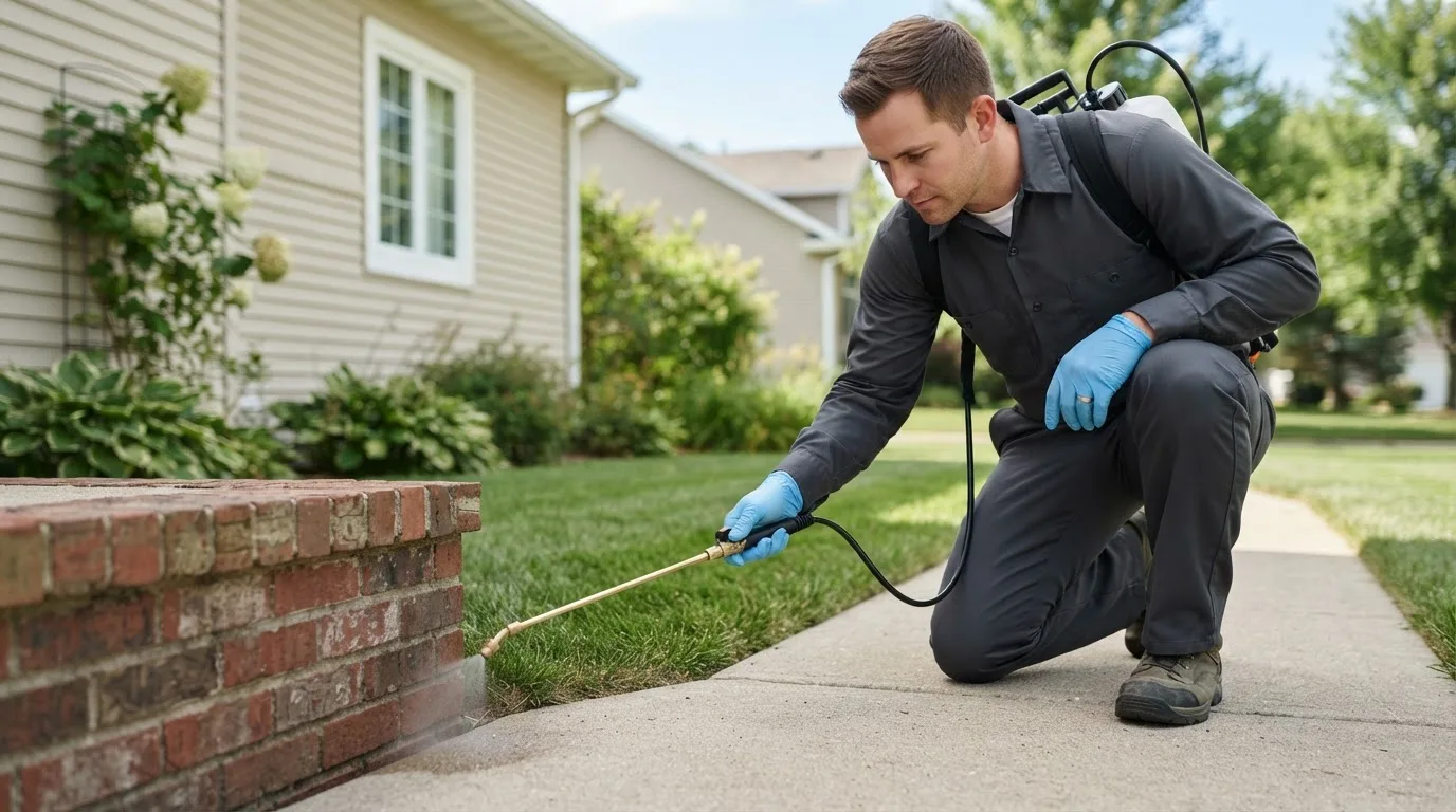 Pest control technician treating a home near Mellette, SD